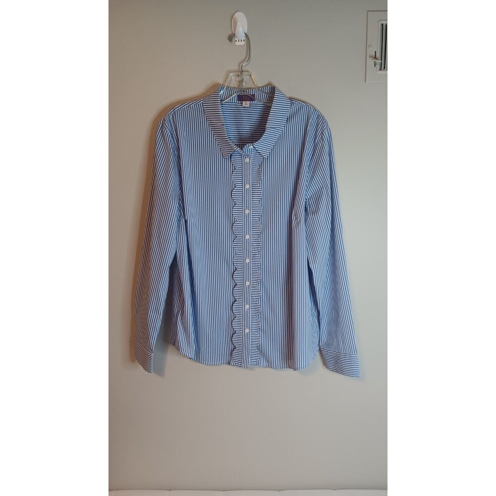 Truly Poppy Shelly Scallop Blouse Top Shirt Button Up Sz XL Stripe Cottage